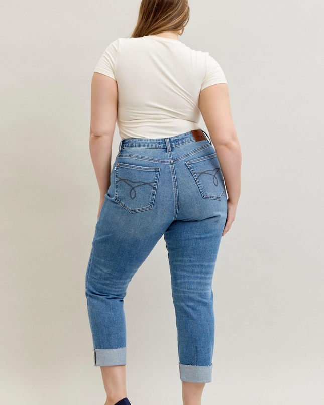 Judy Blue High Waist Criss-Cross Mild Destroy Single Cuff Boyfriend Denim Jeans 881003