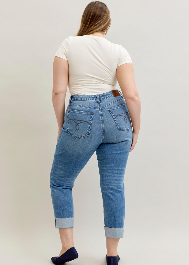 Judy Blue High Waist Criss-Cross Mild Destroy Single Cuff Boyfriend Denim Jeans 881003