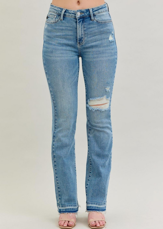 Judy Blue Mid Rise Destroy & Release Hem Bootcut Denim Jeans 88632