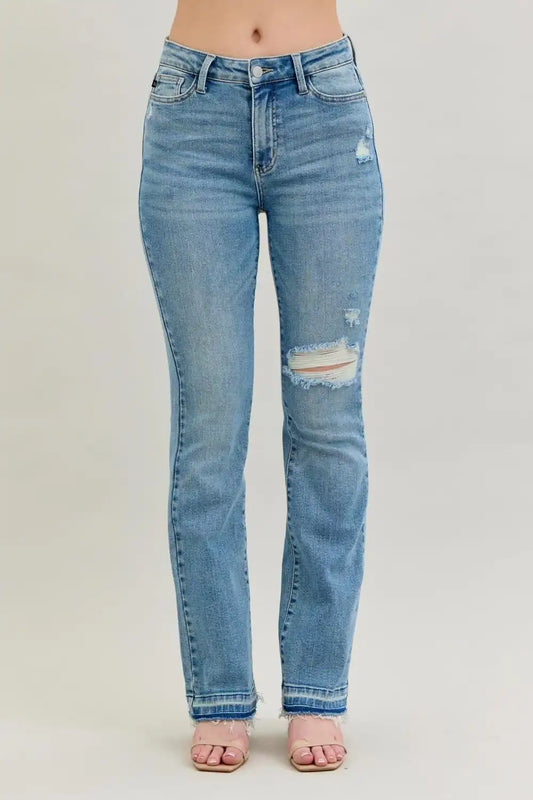 Judy Blue Mid Rise Destroy & Release Hem Bootcut Denim Jeans 88632 - Sleekdenim.com