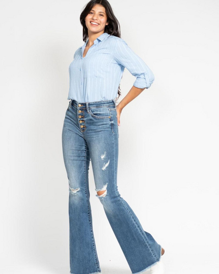 Judy Blue Mid Rise Button Fly Destroyed Fray Hem Flare Denim Jeans 82638 - Sleekdenim.com