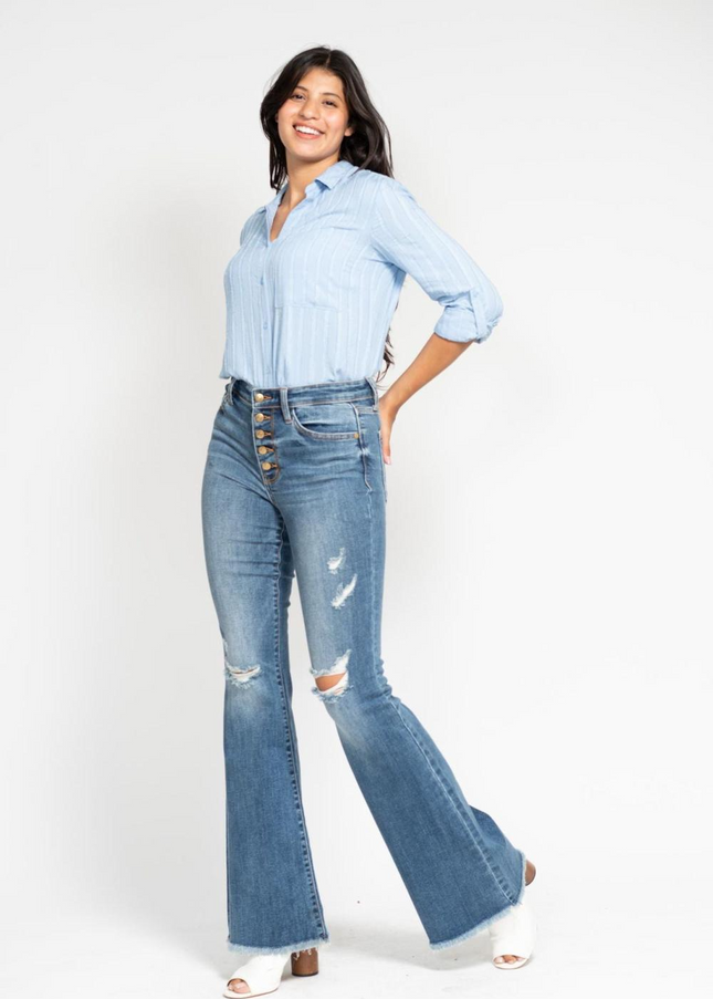Judy Blue Mid Rise Button Fly Destroyed Fray Hem Flare Denim Jeans 82638 - Sleekdenim.com