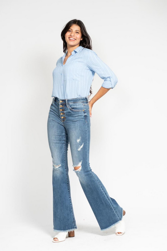 Judy Blue Mid Rise Button Fly Destroyed Fray Hem Flare Denim Jeans 82638 - Sleekdenim.com