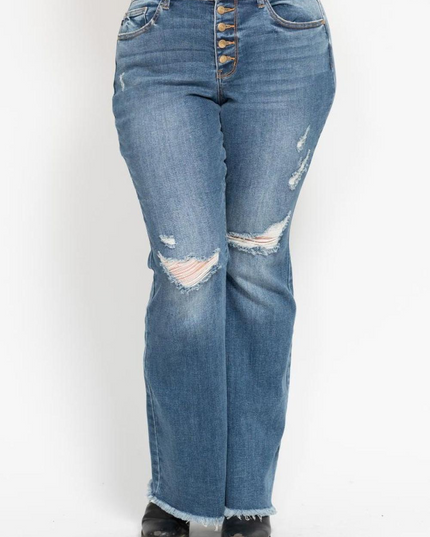 Judy Blue Mid Rise Button Fly Destroyed Fray Hem Flare Denim Jeans 82638 - Sleekdenim.com