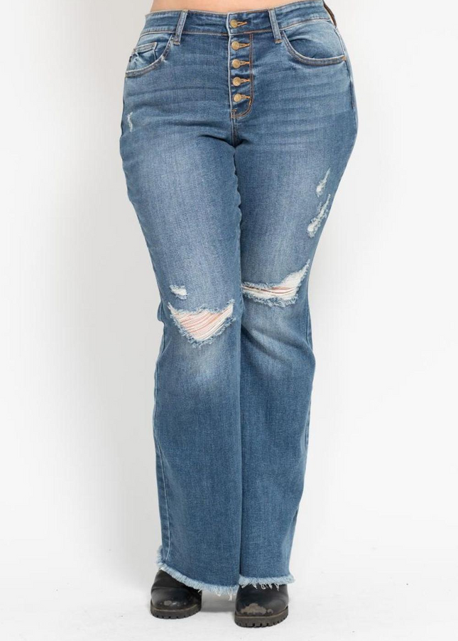 Judy Blue Mid Rise Button Fly Destroyed Fray Hem Flare Denim Jeans 82638 - Sleekdenim.com