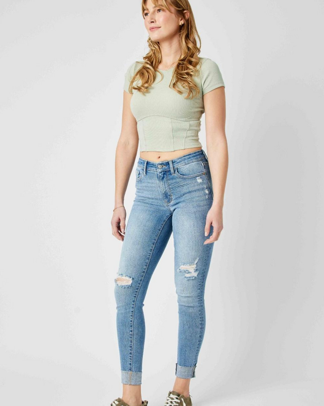 Judy Blue Mid Rise Destroy & Cuff Skinny Denim Jeans 82528