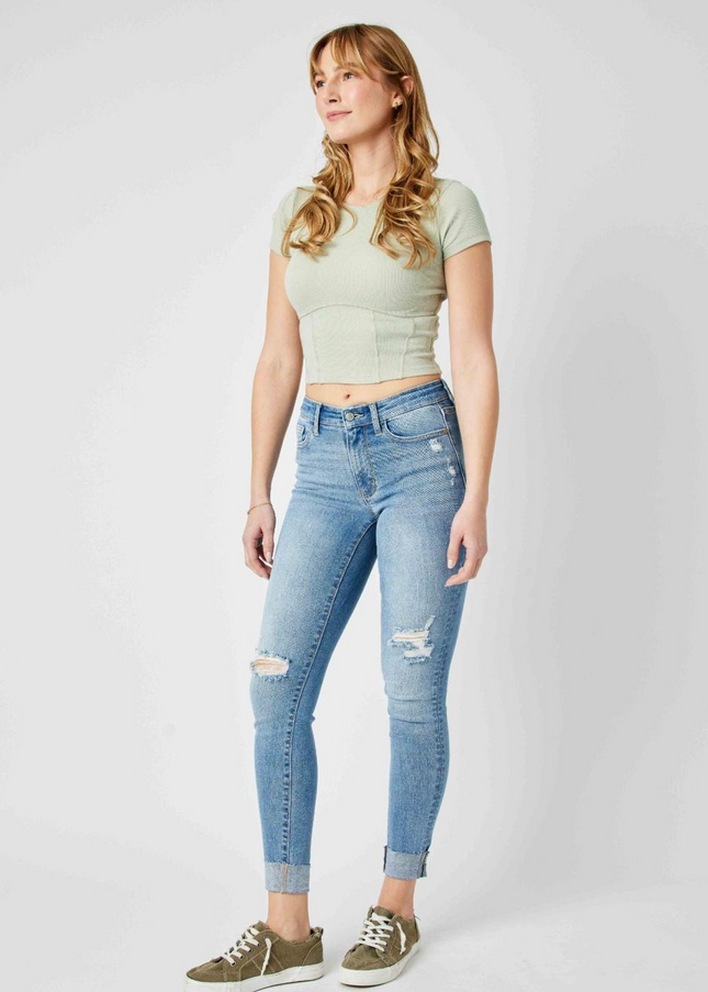 Judy Blue Mid Rise Destroy & Cuff Skinny Denim Jeans 82528