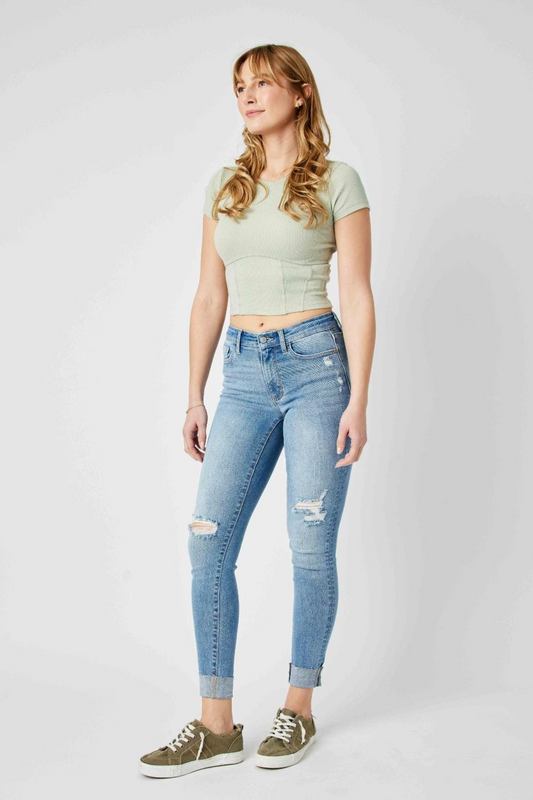 Judy Blue Mid Rise Destroy & Cuff Skinny Denim Jeans 82528