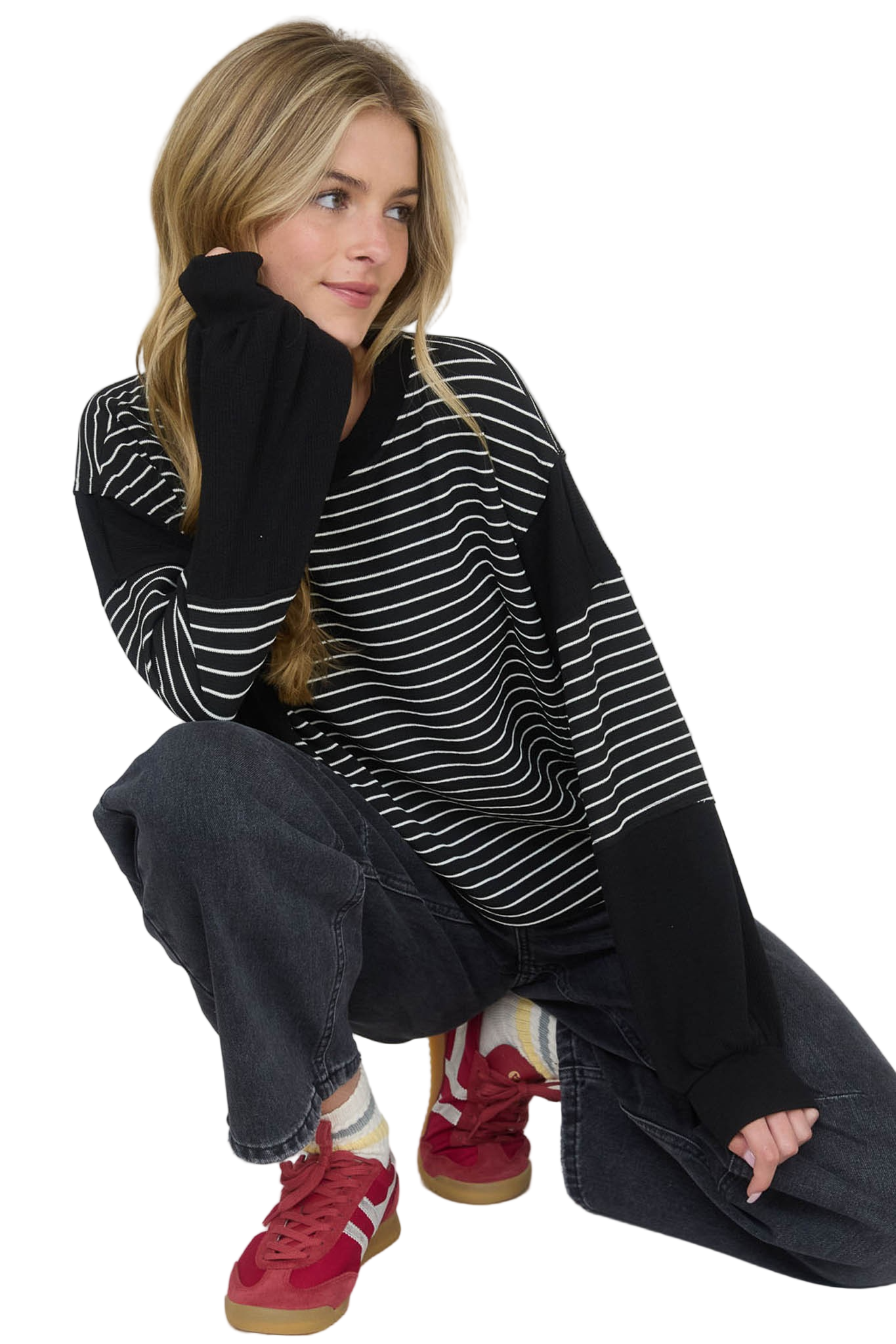Blu Pepper Contrast Stripe Raw Edge Long Sleeve Knit Top - Sleekdenim.com