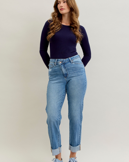 Judy Blue High Waist Criss-Cross Mild Destroy Single Cuff Boyfriend Denim Jeans 881003