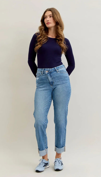 Judy Blue High Waist Criss-Cross Mild Destroy Single Cuff Boyfriend Denim Jeans 881003 - Sleekdenim.com