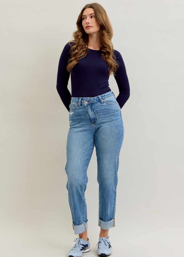 Judy Blue High Waist Criss-Cross Mild Destroy Single Cuff Boyfriend Denim Jeans 881003