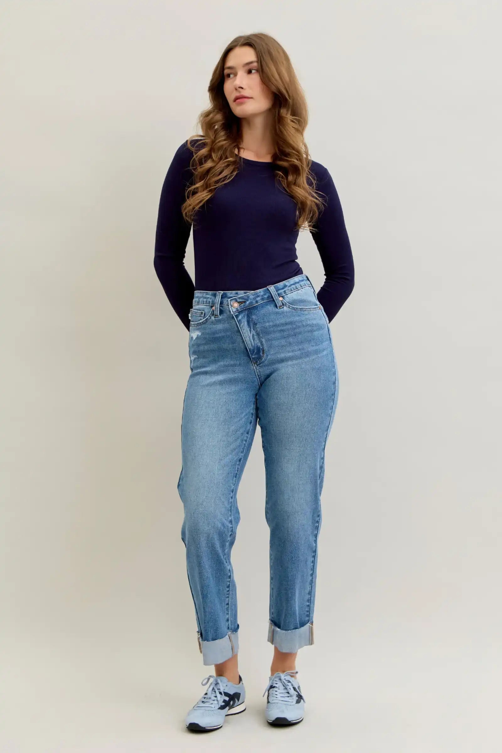 Judy Blue High Waist Criss-Cross Mild Destroy Single Cuff Boyfriend Denim Jeans 881003 - Sleekdenim.com