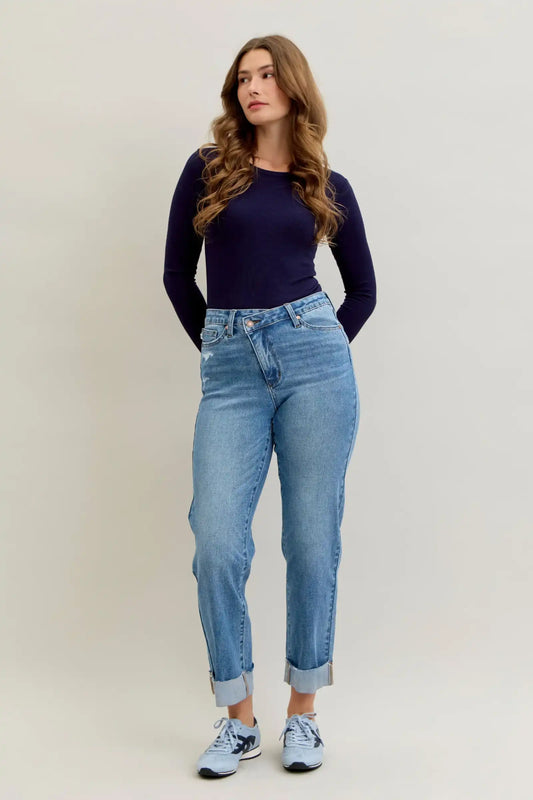 Judy Blue High Waist Criss-Cross Mild Destroy Single Cuff Boyfriend Denim Jeans 881003 - Sleekdenim.com