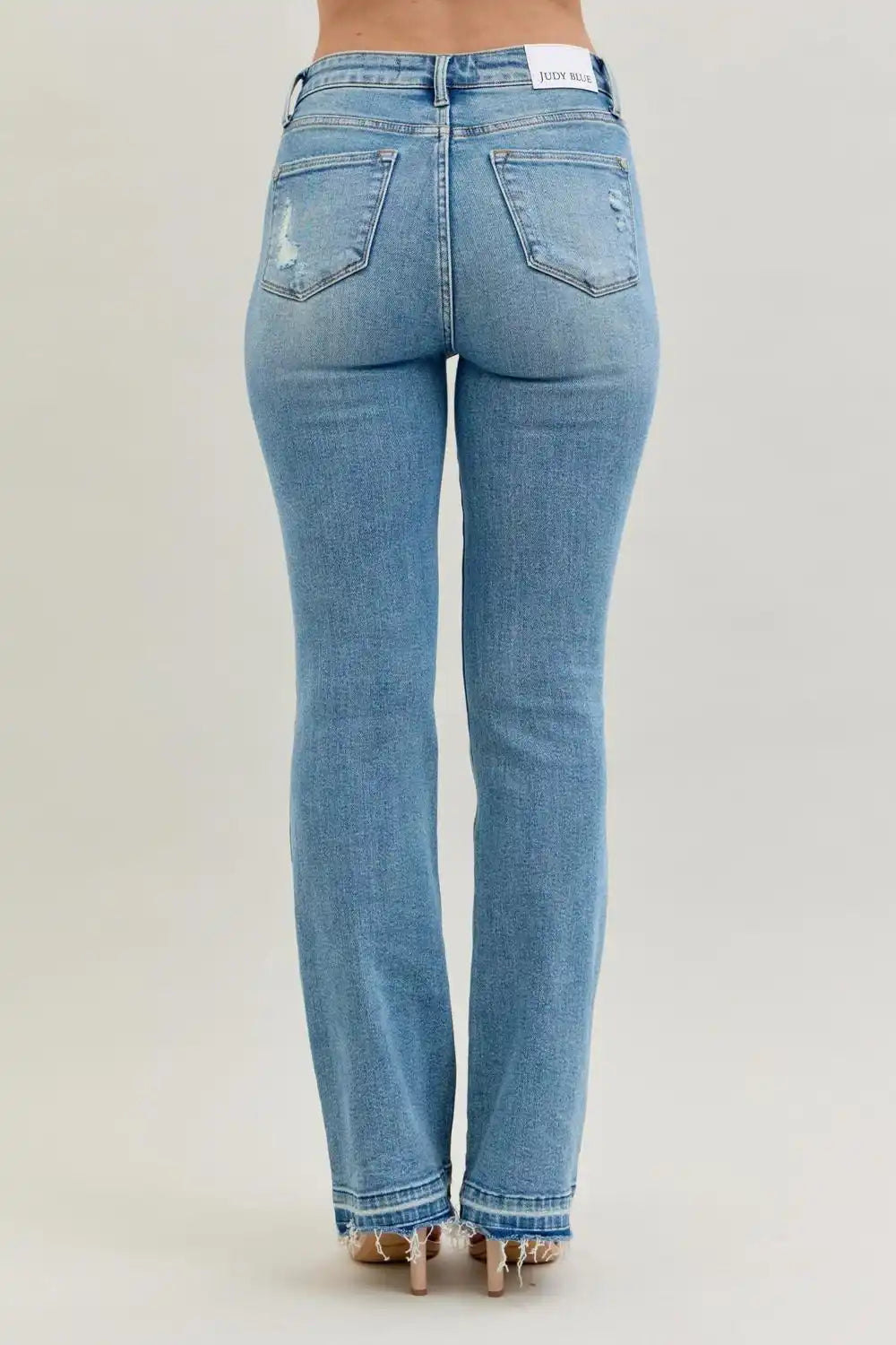 Judy Blue Mid Rise Destroy & Release Hem Bootcut Denim Jeans 88632 - Sleekdenim.com