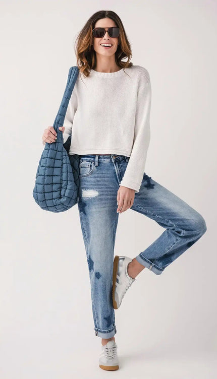 Risen Celeste Mid Rise Star Shadow Boyfriend Jeans - PGA21091 - Sleekdenim.com