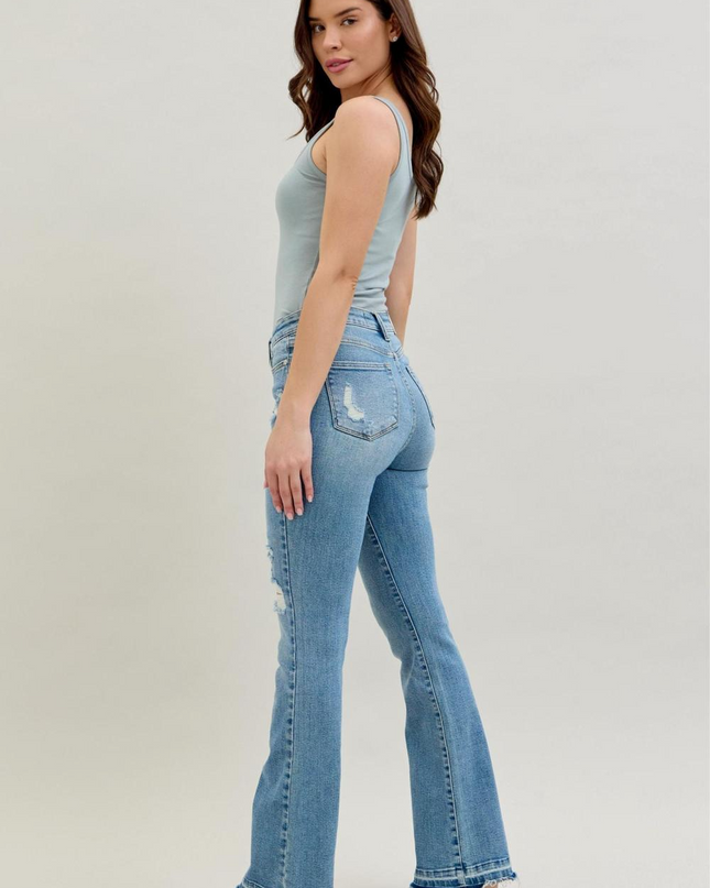 Judy Blue Mid Rise Destroy & Release Hem Bootcut Denim Jeans 88632