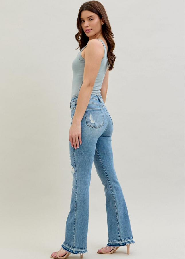 Judy Blue Mid Rise Destroy & Release Hem Bootcut Denim Jeans 88632