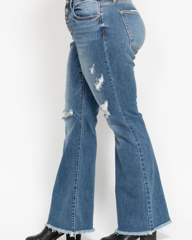 Judy Blue Mid Rise Button Fly Destroyed Fray Hem Flare Denim Jeans 82638 - Sleekdenim.com