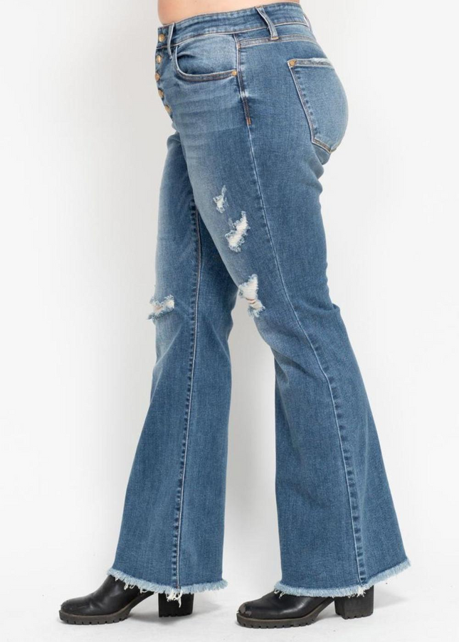 Judy Blue Mid Rise Button Fly Destroyed Fray Hem Flare Denim Jeans 82638 - Sleekdenim.com
