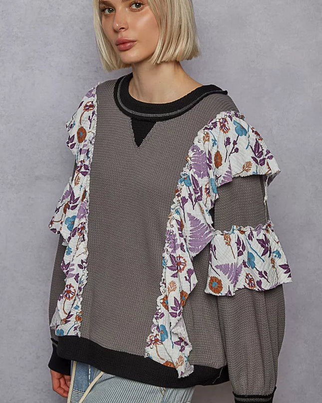 POL Round Neck Sweater with Floral Ruffle Detail - Sleekdenim.com