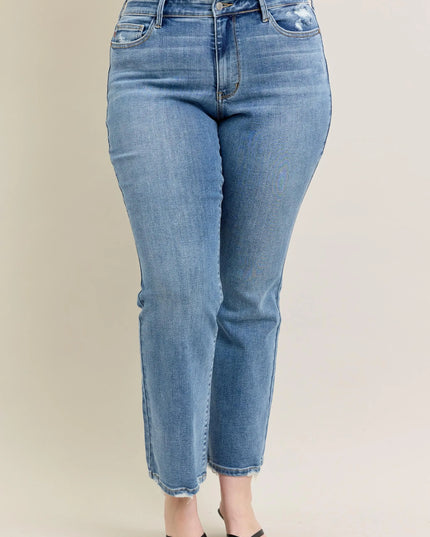 Judy Blue Full Size Mid Rise Wash Destroy Hem Bootcut Jeans Plus Size - Sleekdenim.com