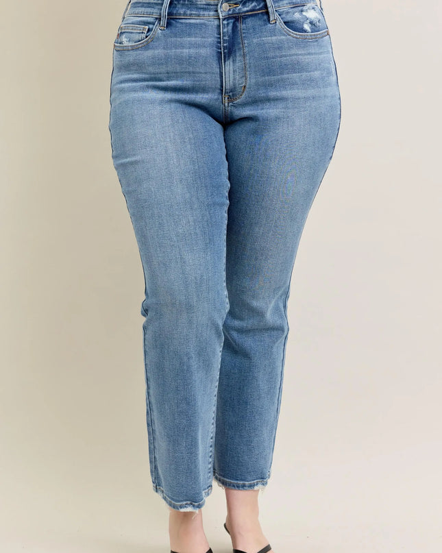 Judy Blue Full Size Mid Rise Wash Destroy Hem Bootcut Jeans Plus Size - Sleekdenim.com