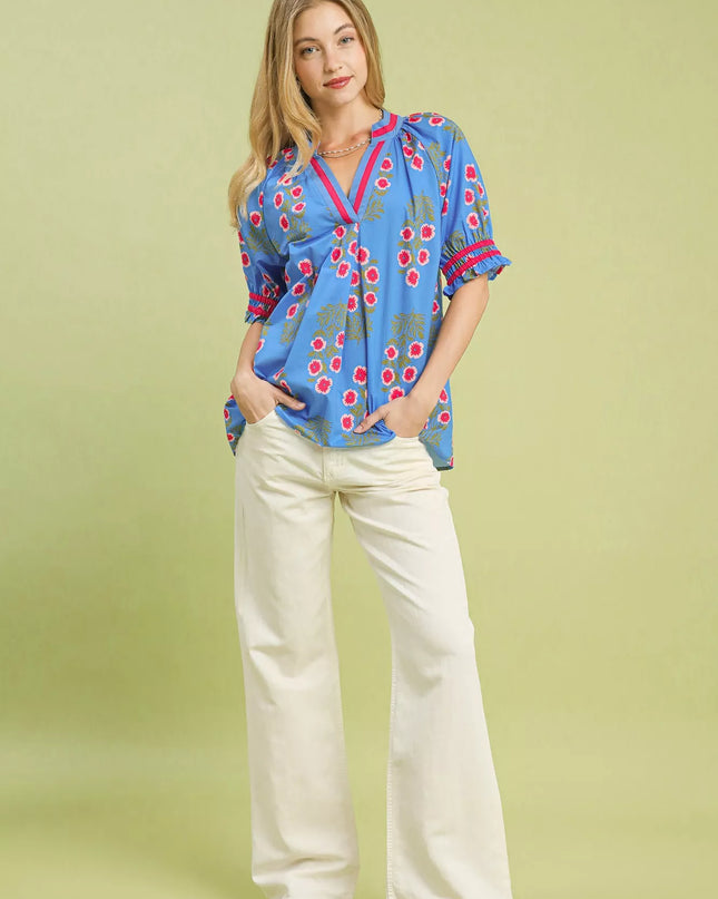 Umgee Floral V-Neck Puff Sleeve Top - Sleekdenim.com