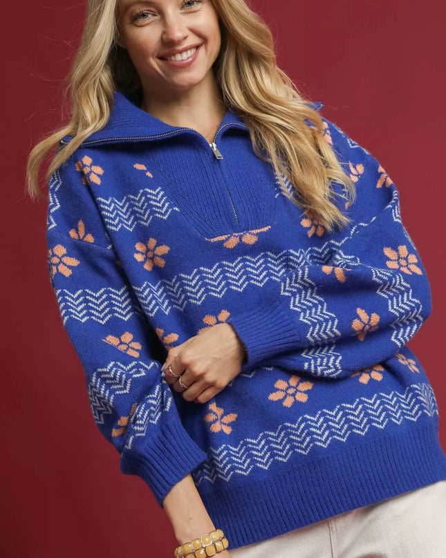 Umgee Floral Patterned Jacquard Quarter-Zip Pullover Sweater - Sleekdenim.com