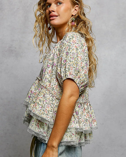 POL Floral Short Balloon Sleeve Ruffled Blouse - Sleekdenim.com