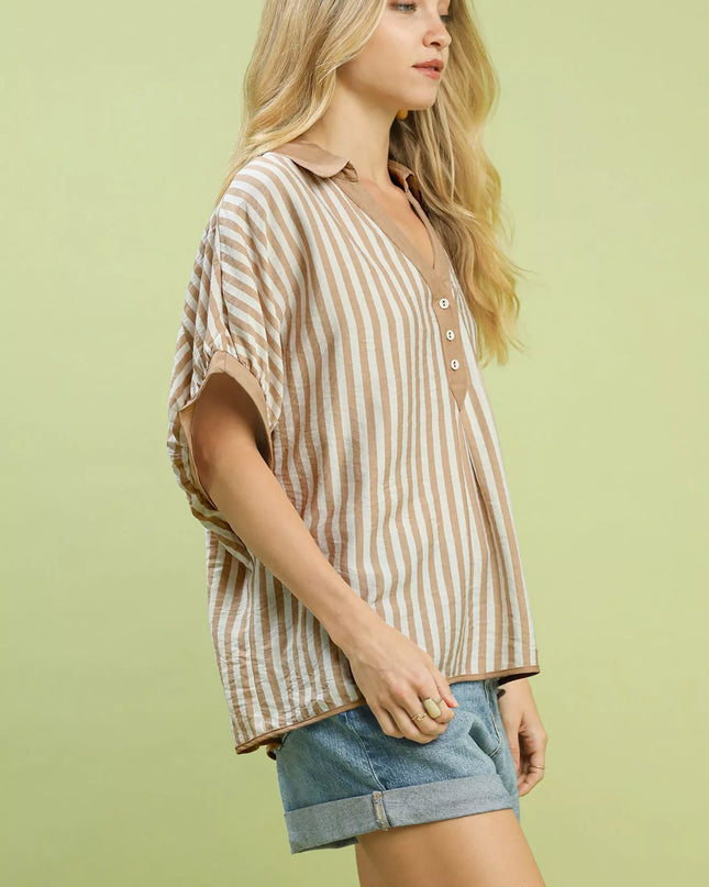 Umgee Stripe Collared Oversized Top - Sleekdenim.com