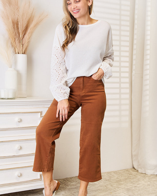 Shiny Eyelet Dropped Shoulder Round Neck Blouse - Sleekdenim.com