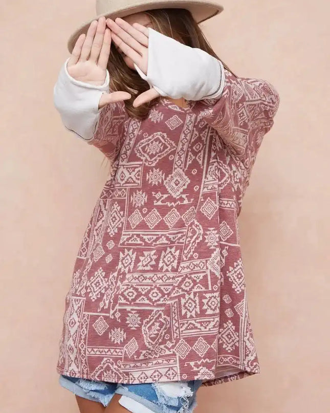 BiBi Aztec Print French Terry Top with Thumb Opening - Sleekdenim.com