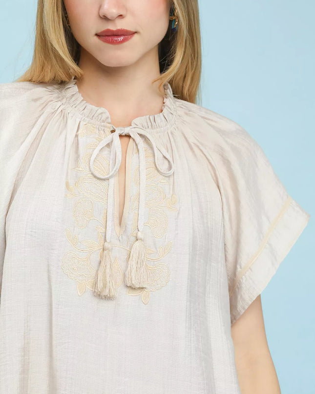 Umgee Embroidered Boho Blouse with Tassel Tie - Sleekdenim.com