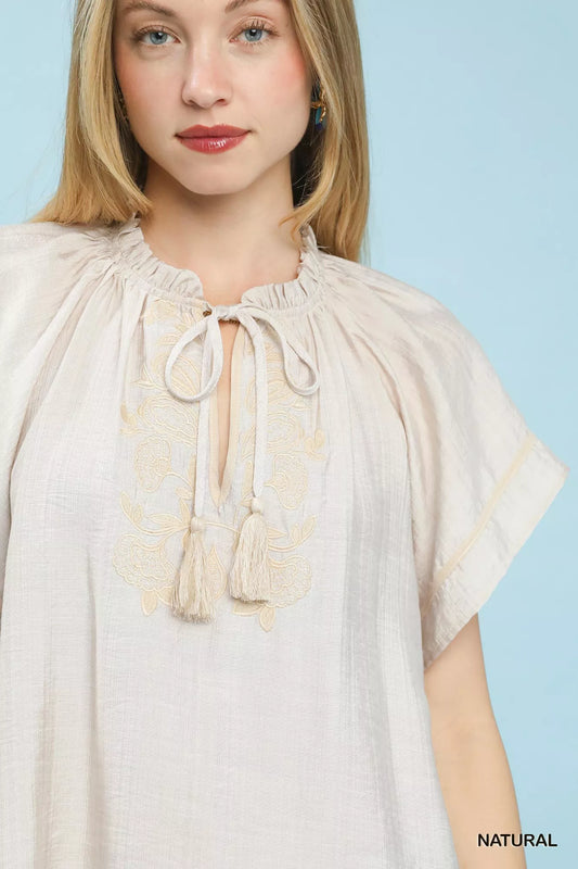 Umgee Embroidered Boho Blouse with Tassel Tie - Sleekdenim.com