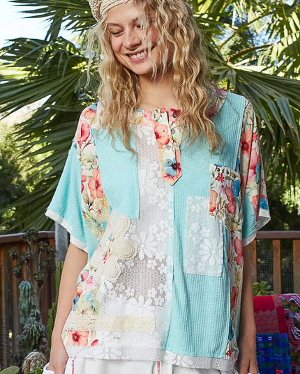 POL Lace Round Neck Short Sleeve Floral Pattern Top with Patch Detail - Sleekdenim.com