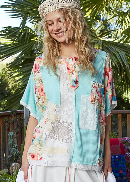 POL Lace Round Neck Short Sleeve Floral Pattern Top with Patch Detail - Sleekdenim.com