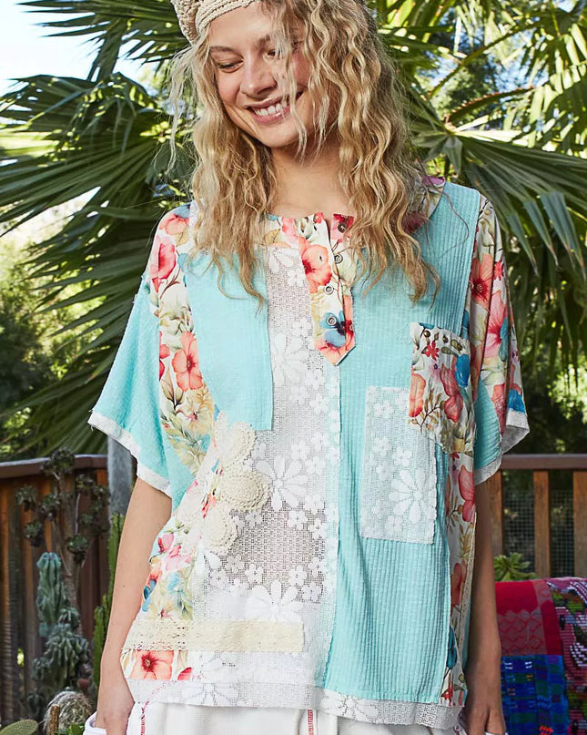 POL Lace Round Neck Short Sleeve Floral Pattern Top with Patch Detail - Sleekdenim.com