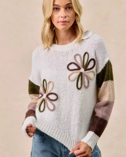 BiBi Flower Color Block Sweater - Sleekdenim.com