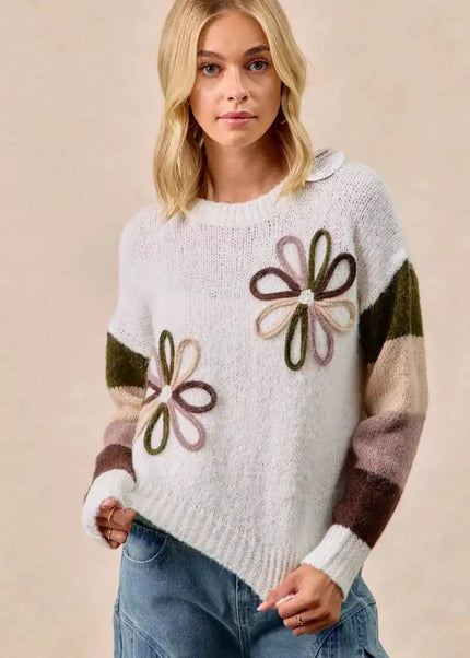 BiBi Flower Color Block Sweater - Sleekdenim.com