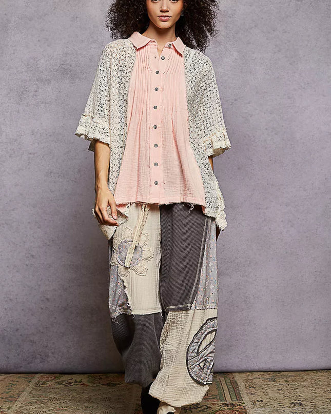 POL Button Down Front Pleated Shirt with Crochet Patch - Sleekdenim.com