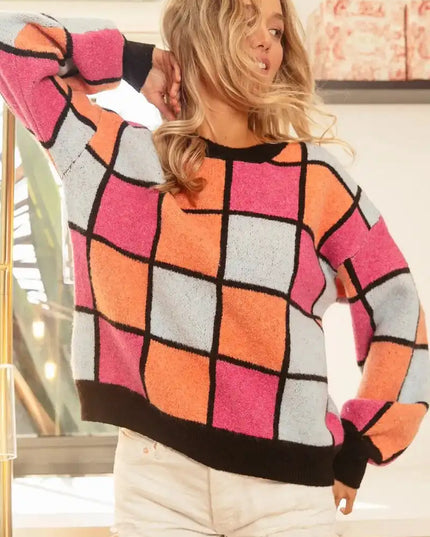 BiBi Multi Color Checker Pattern Sweater - Sleekdenim.com