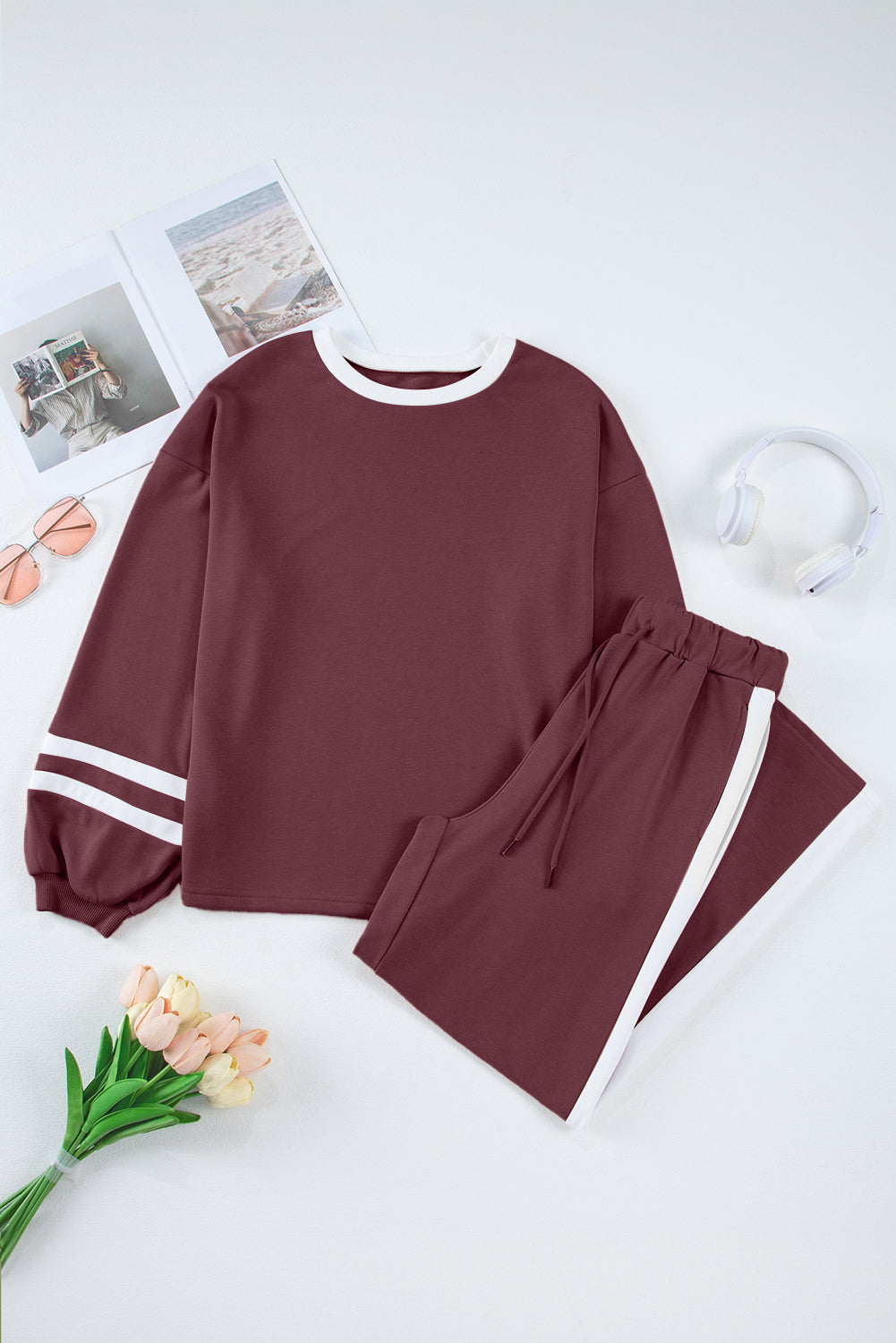 Chestnut Varsity Stripe Patchwork Puff Sleeve Pullover Drawstring Wide Leg Pant Set