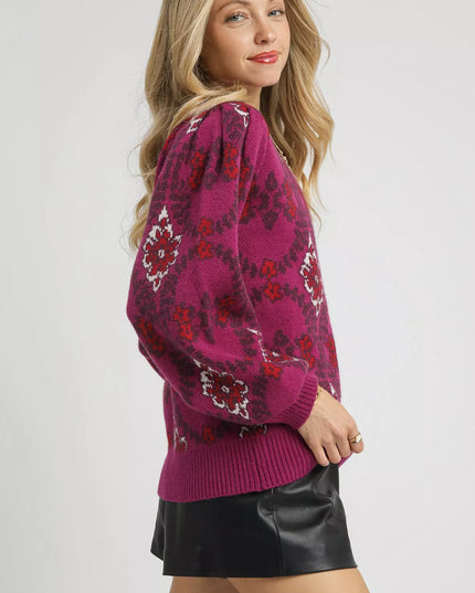 Umgee Boho Patterned Long Sleeve Sweater - Sleekdenim.com