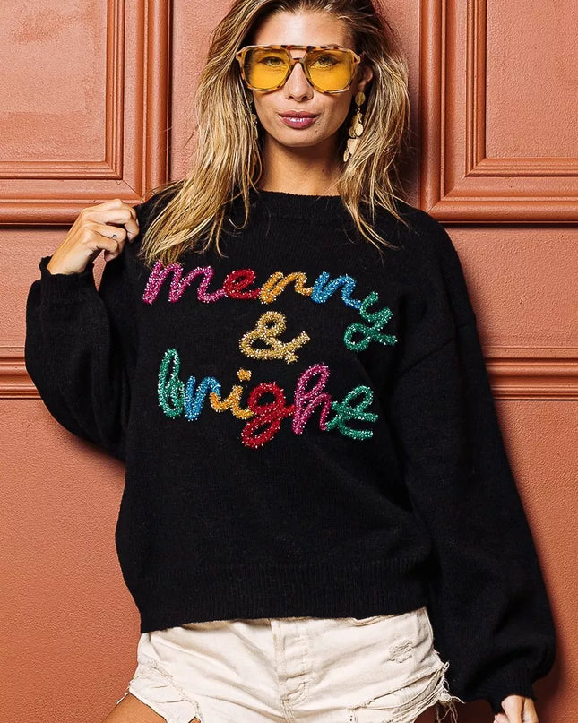 BiBi Tinsel Lettering Christmas Sweater - Sleekdenim.com