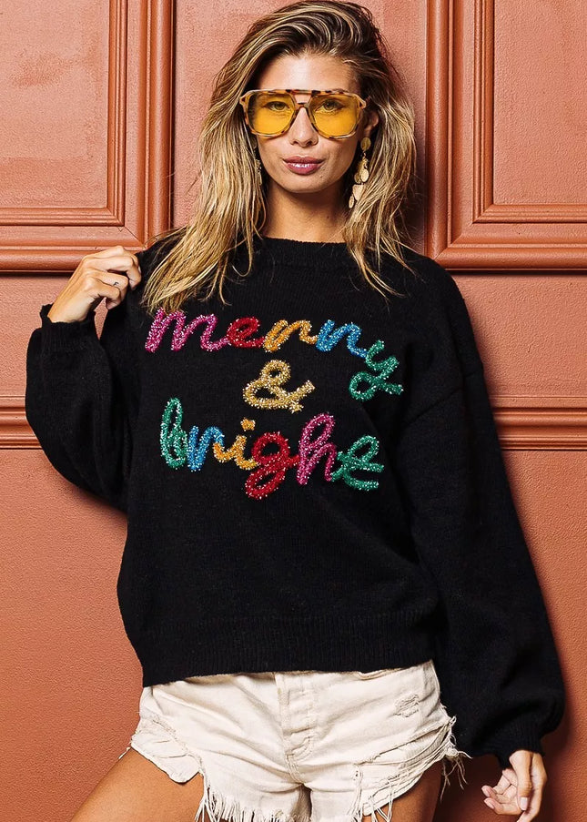 BiBi Tinsel Lettering Christmas Sweater - Sleekdenim.com