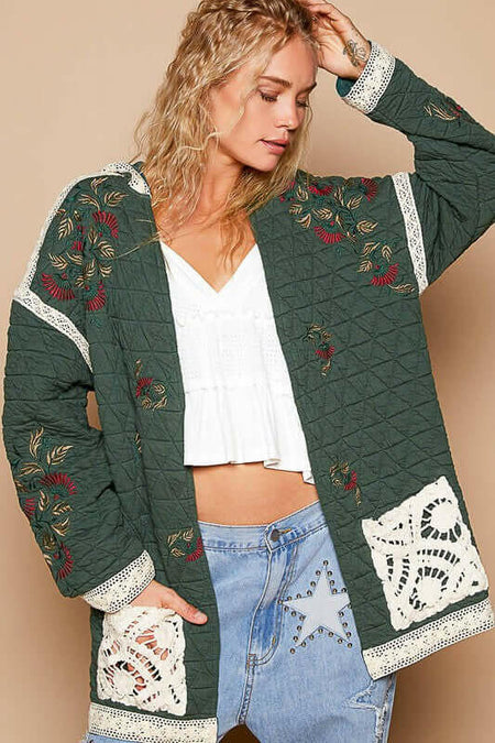 POL Embroidered Open Front Quilted Jacket with Crochet Pockets | Sleekdenim.com