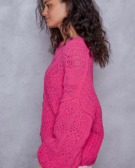 POL Cable-Knit Solid V-Neck Cropped Sweater - Sleekdenim.com