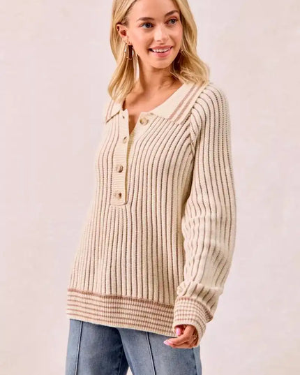 BiBi Half Button Ribbed Two Tone Sweater - Sleekdenim.com