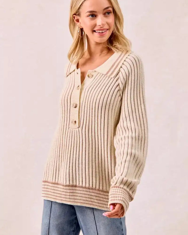 BiBi Half Button Ribbed Two Tone Sweater - Sleekdenim.com
